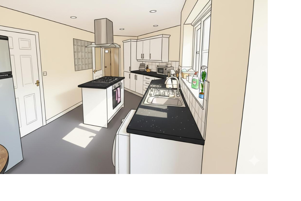 Cartoon image of a kitchen in a PAKS trust residence